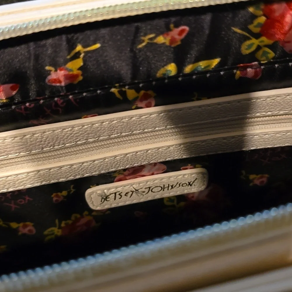 Betsey Johnson White Satchel with Pink Woven Panel & Bow